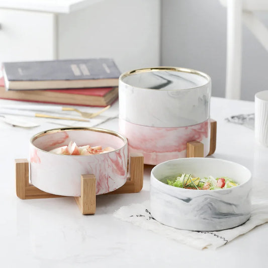 Nordic Marble Ceramic Bowl with Bamboo Rack